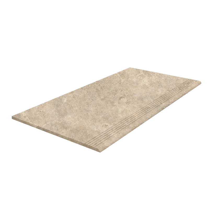 Stufenfliese in beiger Natursteinoptik mit Antirutsch-Rillen.