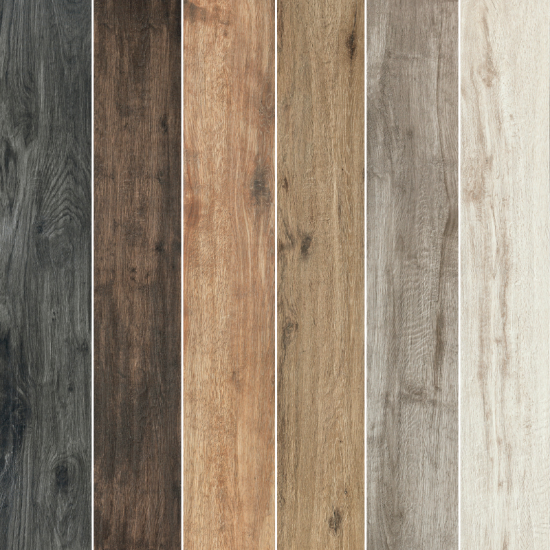 Hochwertige Holzoptik-Fliesen in sechs verschiedenen Farben und Maserungen.