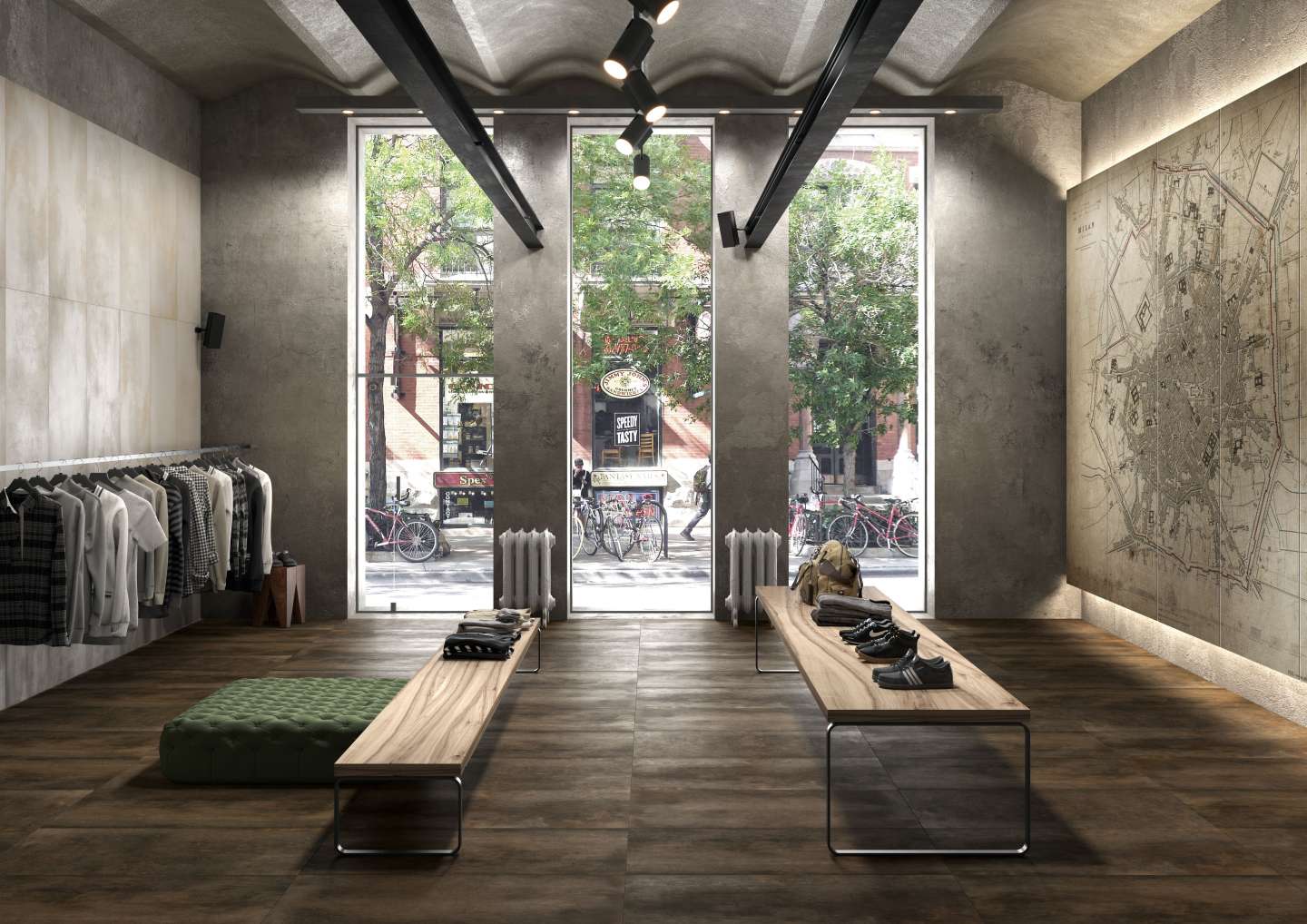 Dunkle Holzoptikfliesen im modernen Geschäft mit Betonwänden.