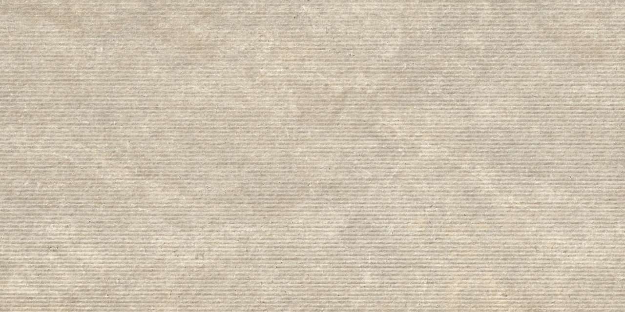Hellbeige Fliese mit feiner horizontaler Struktur.
