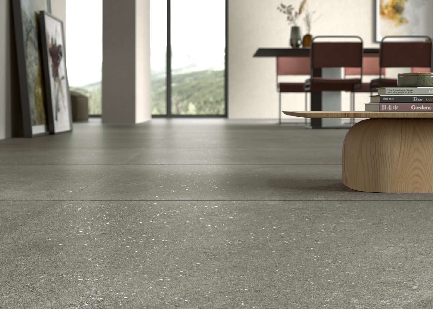 graue Steinoptik Fliesen im Wohnzimmer, grey sone effect tiles in the living room