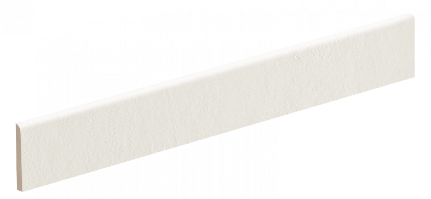 Fliesensockel aus Feinsteinzeug, cremefarben.