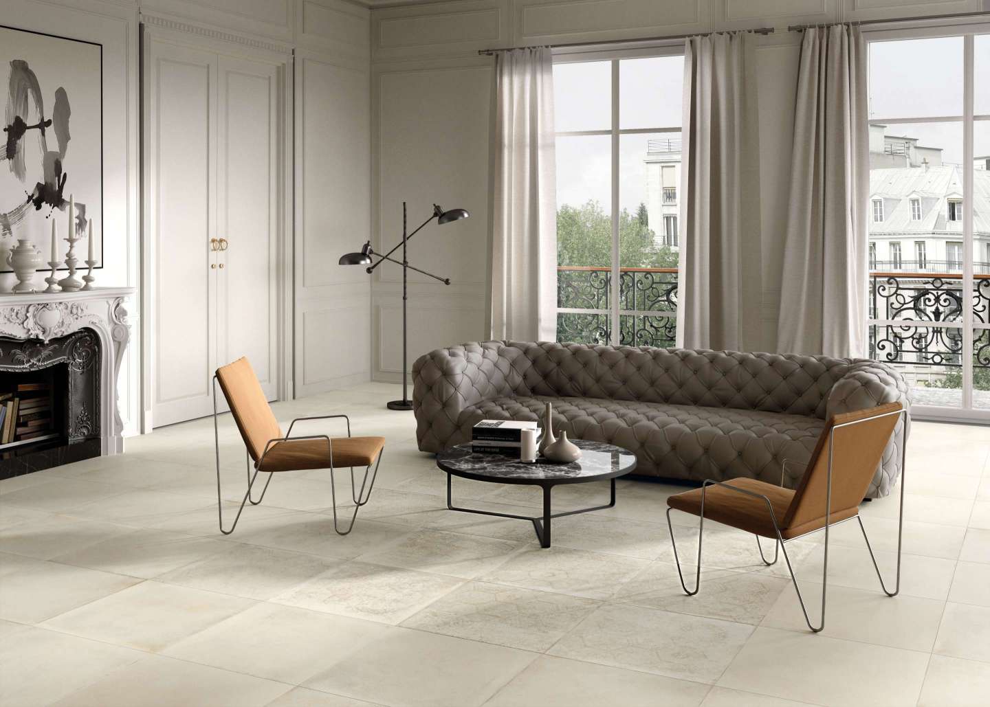 Elegantes Wohnzimmer mit hellen Bodenfliesen von Porcelaingres oder Schöner Wohnen Fliesen.